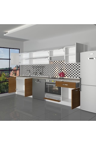 Decoraktiv Elite 280y Ank Mdf Hazır Mutfak Dolabı - Tezgah Dahil - Ceviz Beyaz Beyaz - Ceviz