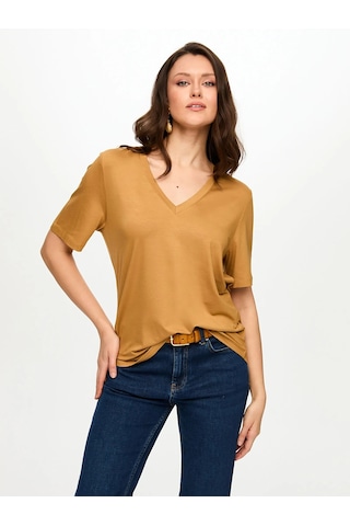 Faik Sönmez V Yaka Kısa Kol Kadın T-shirt Bs26tsh001 Camel