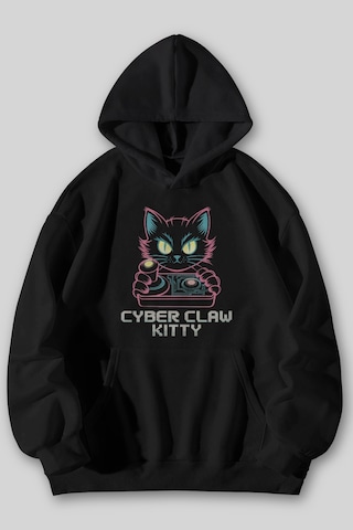 Harmandar Cyber Claw Kitty Baskılı Unisex Siyah Gri Kanguru Cepli Kapüşonlu Sweatshirt Hoodie Siyah
