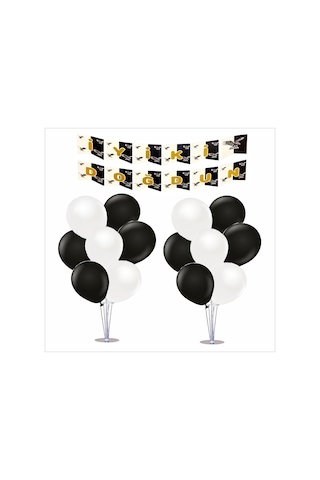 2 Adet Ayaklı Balon Standı 7li Set, 14 Adet Taraftar Siyah-beyaz Balon+banner Tüm Yaşlar