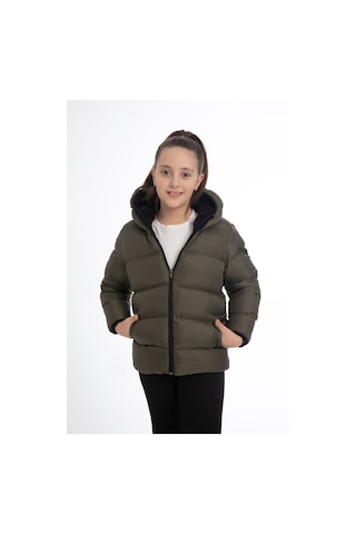Kız Çocuk Içi Polarlı Kürklü Kapüşonlu Su Geçirmez Rüzgara Dayanıklı Cepli Şişme Kışlık Mont Haki