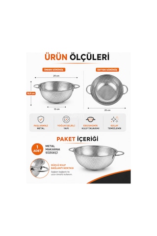 Paslanmaz Çelik Makarna Süzgeci 25 Cm Çift Kulplu Metal Sebze Meyve Yıkama Ve Süzme Kevgiri Gri