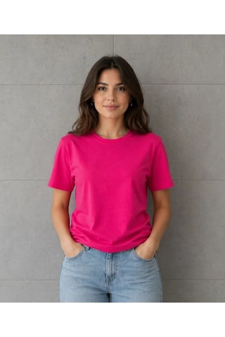 Efnaz Style Basic Pamuklu Tişört Bisiklet Yaka Düz Renk Relaxed Fit T-shirt - Fuşya