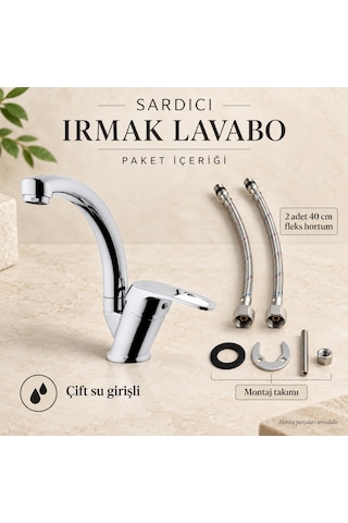 Sardıcı Irmak Krom Kısa Kuğu Lavabo Bataryası Çift Su Girişli 40 Cm Hortum Ve Montaj Takımı Dahil