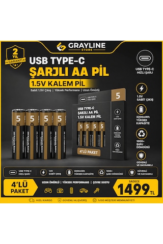 Usb Type-c Şarjlı Aa Lityum Pil 1.5v Sabit Çıkış 3200mwh 4 Lü Paket