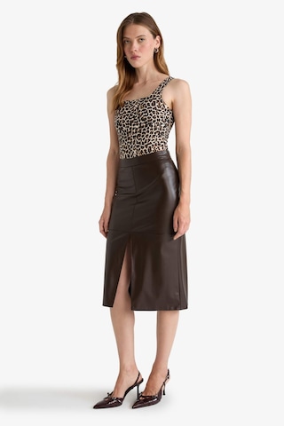 Defacto Kalem Yüksek Bel Penye Astar Suni Deri Midi Etek D4638ax25aubn116 Kahve