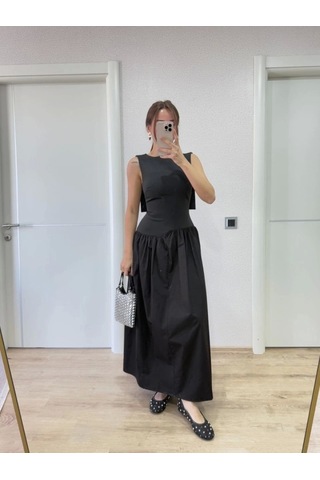 Defymoda Arkası Kanatlı Uzun Elbise- Siyah Siyah