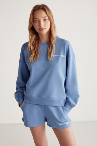 Grımelange Jennıfer Kadın Organik Pamuklu Nakışlı Yuvarlak Yakalı Oversize Mavi Sweatshirt