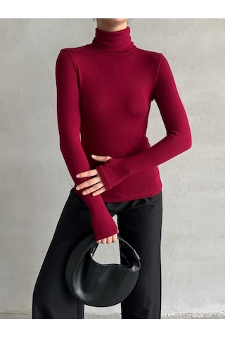 Kadın Parmak Detaylı Balıkçı Yaka Soft Bluz Bordo