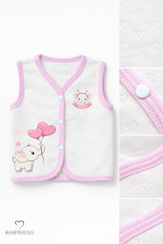 Babyden's Kız Bebek Yelek Jakarlı Kalp Desenli Pamuklu Çıtçıtlı Fil Baskılı Bebek Yeleği Mevsimlik,yumuşak Ekru - Pembe