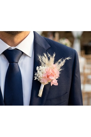Renkli Ortanca Ve Pampas Kuru Çiçekli Damat Yaka Çiçeği Yaka İğneli Düğün & Nikah Aksesuarı Pembe