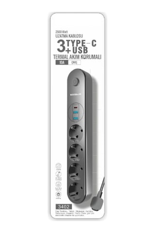 Yüksek Güç Kapasiteli Termal Akım Korumalı 4 Prizli Usb Girişli Uzatma Kablosu Type-c 2500 Watt Standart
