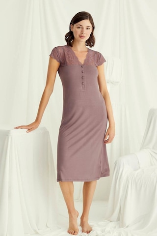 Monamise 18511 Kadın V Yaka Dantelli Düğmeli Kısa Kollu Gecelik-kahve Kahve