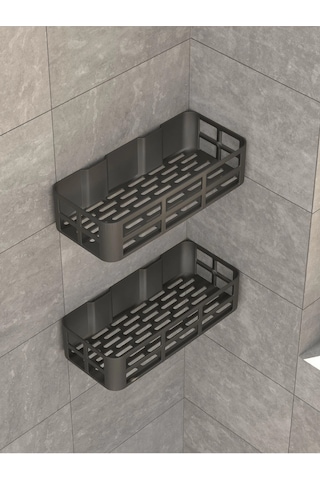 Banyo Duş Rafı 2'li Yapışkanlı Ve Deliksiz Duş Organizer Suya Dayanıklı Siyah Raf Çok Renkli