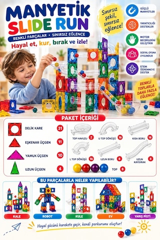 Slide Run 130 Parça Manyetik Blok Seti Bilye Parkuru Ve Yapı Oyuncağı 3+ Yaş