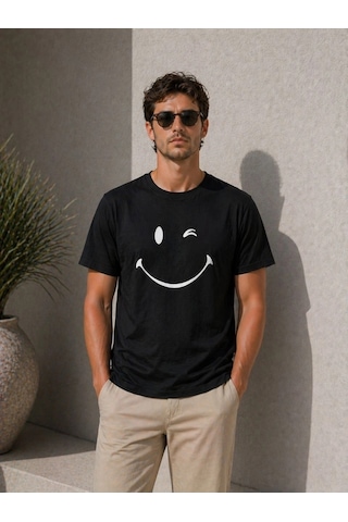 Novalisse Erkek Minimal Gülümseyen Yüz Baskılı Tişört Kısa Kol Yazlık T-shirt - Siyah Çoklu Renk