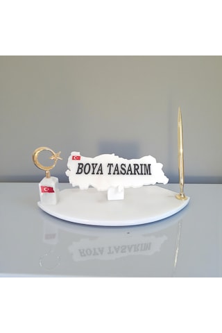 Doğal Beyaz Mermer Masa İsimlik Gold Kalem Ve Ayyıldız