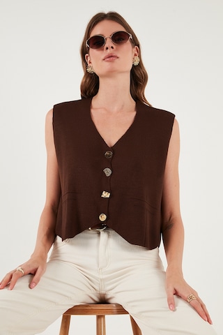 Lela Standart Fit V Yaka Düğmeli Triko Bayan Yelek 4616177 Kahve