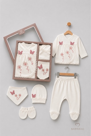 Babyden's Yenidoğan Kız Bebek Mevlit Takımı %100 Pamuk 5'li Hastane Çıkışı Kelebek Nakışlı Set Ekru