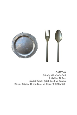 Omeyva Gümüş Mika Sorfa Sunum Piknik Seti - Sert Mika Plastik - 6 Kişilik Tabak Çatal Kaşık Takımı Gri