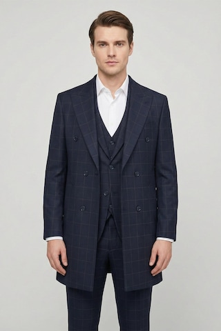 Giotelli Erkek Lacivert Dar Kesim Slim Fit Viskon Ekose Mono Yaka Dokuma Çift Yırtmaçlı Kemerli Bel Tam Astarlı 6 Drop 5'li Erkek Takım Elbise