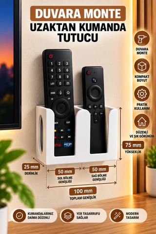 Veriqo 3d Duvara Monte 2'li Uzaktan Kumanda Tutucu Tv Kumandalık Düzenleyici Beyaz
