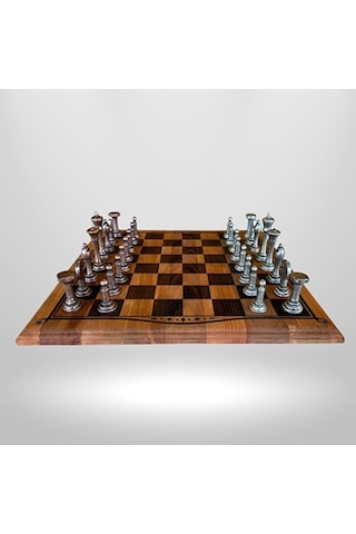 Mc29 Metal Satranç Takımı - Doğal Ahşap Kayın Tahta - El Yapımı Antik Metal Taşlar