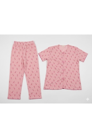 Sleeproom Yazlık Pembe Ananas Desenli Kısa Kol Penye %100 Pamuk Pijama Takım