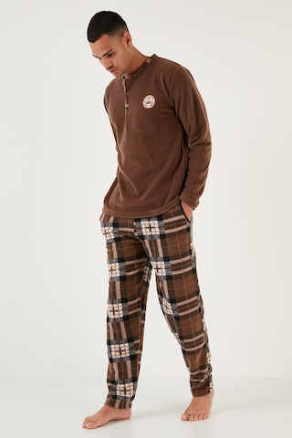 Buratti Ekoseli Regular Fit Düğmeli Bisiklet Yaka Kışlık Polar Erkek Pijama Takımı 60961002 Camel
