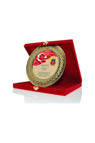 Kişiye Özel Baskılı Kırmızı - Lacivert Kutu 25 Cm Tabak Plaket 30,5x30,5x5,5 Cm Gümüş - Gold