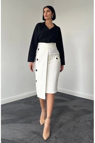 Beyaz Çizgili Poliviskon Etek Beyaz