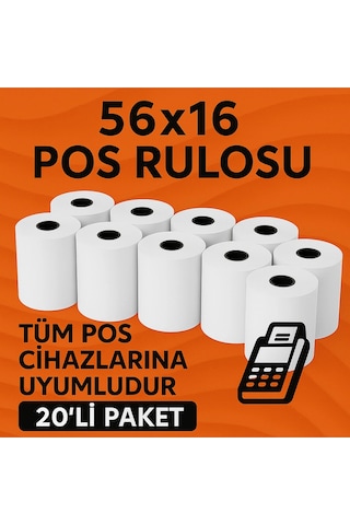 56x16 Termal Pos Kağıdı Rulosu 20'li - Tüm Pos Cihazlara Uyumlu