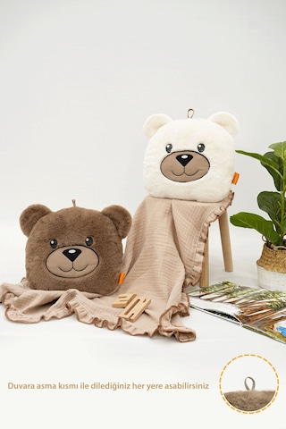 Mordesign Peluş Ayı Yastık, Sevimli Ayı Nakışlı Kırlent, Peluş Ayı Oyuncak, Bebek Yastık, Morbear Serisi Kahverengi