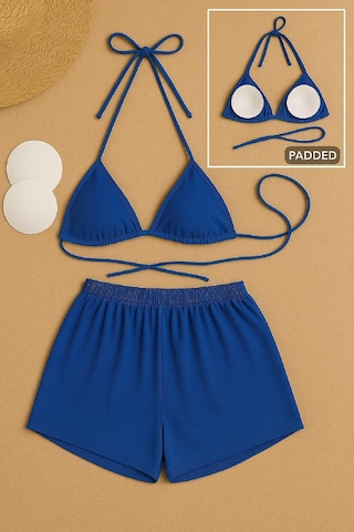 Moda Dua Kadın Mavi Şortlu Belden Ve Boyundan Bağlamalı Bikini Takımı