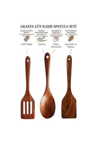 Kamptek Akasya Ahşap 3'lü Mutfak Seti Spatula Ve Kaşık Takımı
