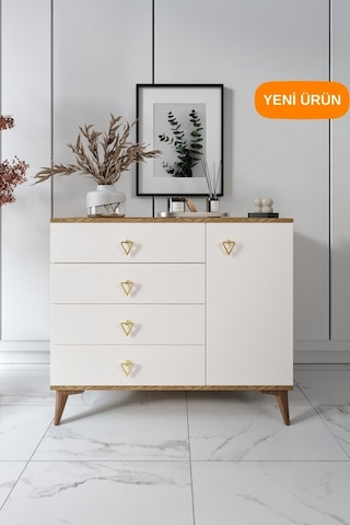 Simple 4 Çekmeceli 1 Kapaklı Modern Şifonyer Ekru Ceviz Ceviz - Ekru