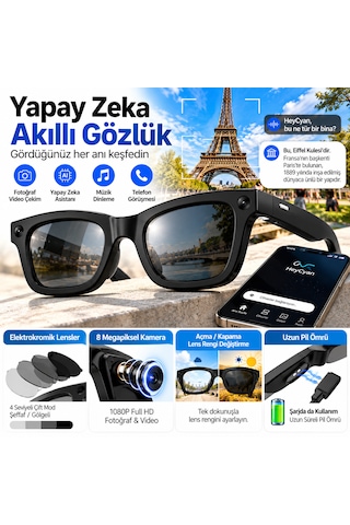Yapay Zeka Destekli Akıllı Gözlük 8 Mp Kamera, 1080p Full Hd Video, Bluetooth, 4 Kademeli Elektrokromik Lens, Fotoğraf Ve Video Çekimi, Siyah