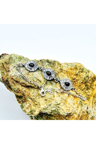 Damla Model Zirkon Ve Oltu Taşı İşçilikli 925 Ayar Gümüş Bileklik Gümüş