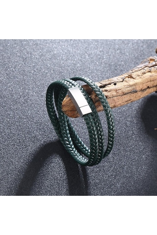 Basit Erkek Bilekliği Çok Katmanlı Deri Bileklikler Charm Metal Tokalı Erkek Takıları Hediyeler Yeşil