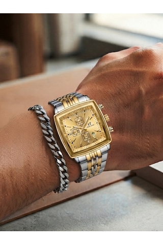 Erkek Takvimli Kol Saati Bileklik Hediyeli Çelik Kordon Gold Gümüş Kare Kasa Takvimli Analog Quartz Şık Klasik Spor Erkek Saati Swt15 Çok Renkli