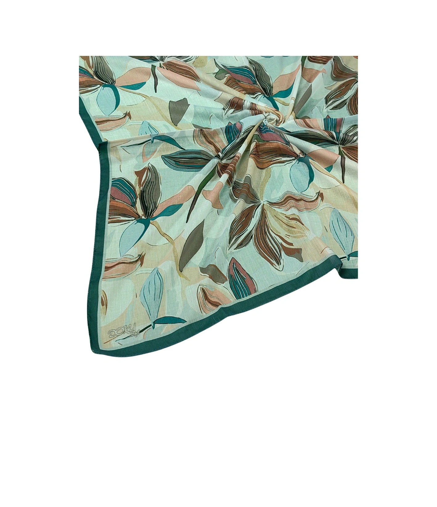 Mim Eşarp Ebruli Soft Pamuklu Çiçek Desenli Eşarp - 95x95 Cm Bej - Zümrüt