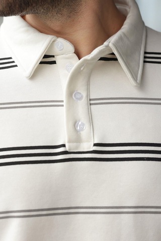 Madmext Ekru Çizgili Polo Yaka Erkek Sweatshirt E7172 Ekru