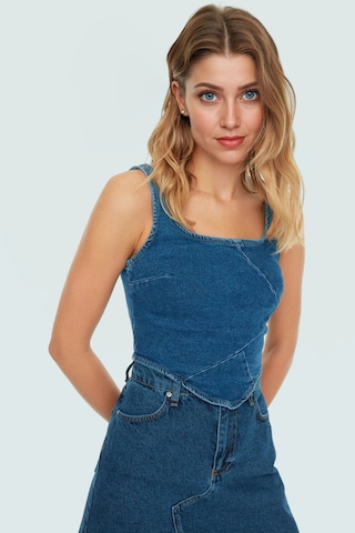 Ersefa Pamuklu Denim Bluz Crop Kesim Kare Yaka Yazlık Kaliteli İşçilik Z Mavi