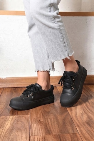 Shoetek Alyona Kadın Sneakers Halat Bağcıklı Spor Ayakkabı Siyah Deri