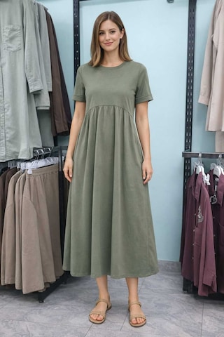 Esra Butik78 Rahat Kalıp Penye Elbise Kısa Kollu 130 Cm Uzun Günlük Basic Kadın Elbise Yeşil