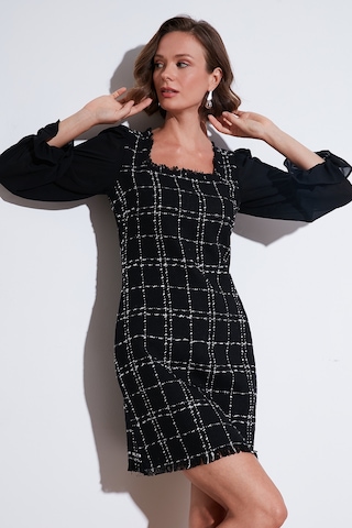 Lela Regular Fit Kare Yaka Balon Şifon Kollu Mini Bayan Elbise 611El0532 Siyah
