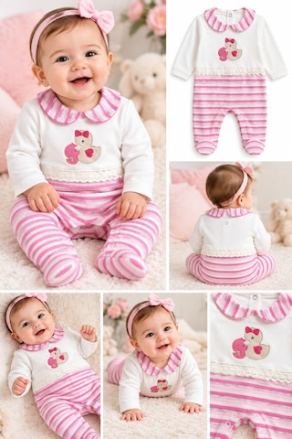 Messlife Pembe Çizgili Ördek Nakışlı Kız Bebek Tulum Beyaz - 929892028 Beyaz