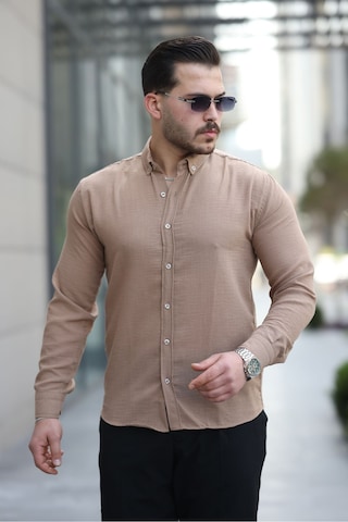 Mero Life Erkek Taba Basic %100 Pamuklu Dökümlü Kumaş Uzun Kollu Salaş Gömlek Taba