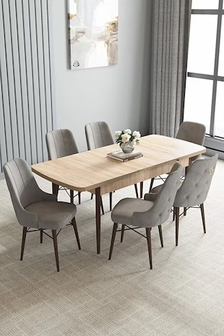 Loft Meşe Desen 80x132 Açılabilir Mdf Masa Yemek Odası Takımı, Mutfak Takımı 6 Sandalye Gri