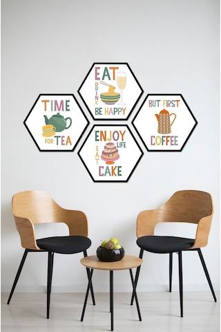 Dekorize Mdf Tablo Seti 4 Parça 3 Mm - Mutfak Ve Kafeler İçin Hexagon Altıgen Tablo - Ht001 25 X 25